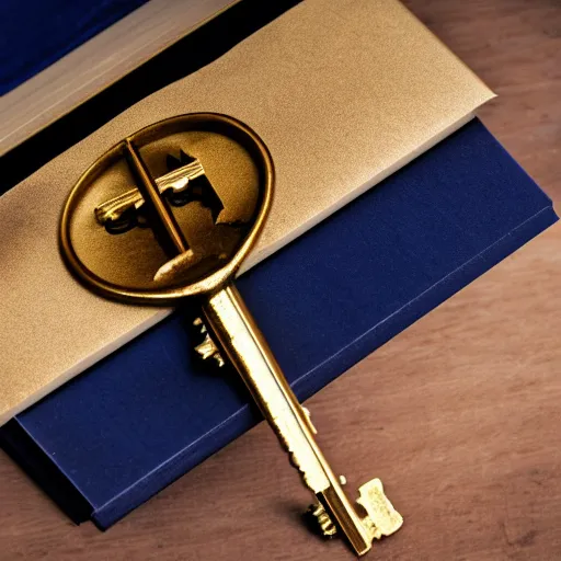 Prompt: A book with a golden key inside with a blue symbol on the key