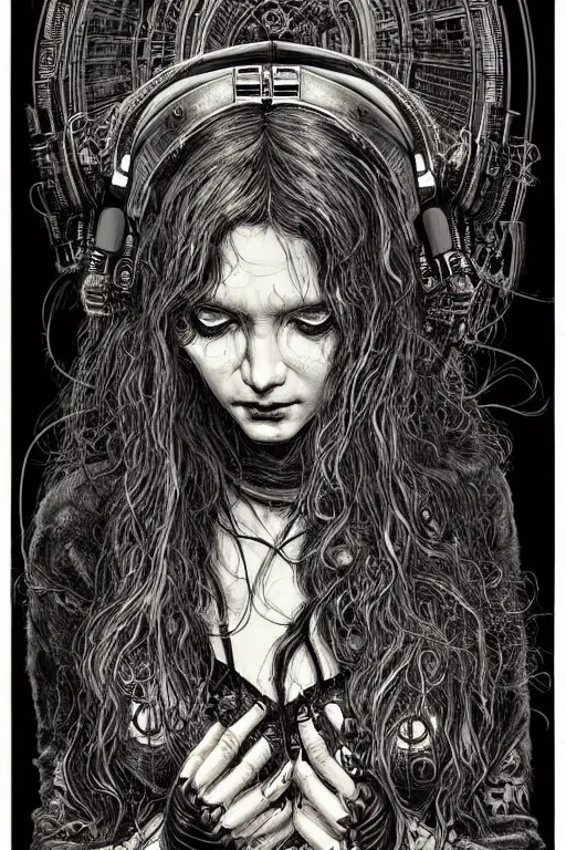 Image similar to dreamy cyberpunk girl in vr headset, black long hair, heavy metal robe, beautiful woman, detailed acrylic, grunge, intricate complexity, by dan mumford and by alberto giacometti, arthur rackham