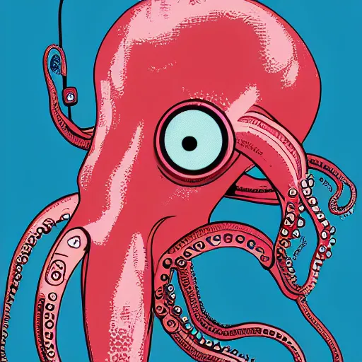 Prompt: cyborg octopus dj in headphones, digital art, minimalism