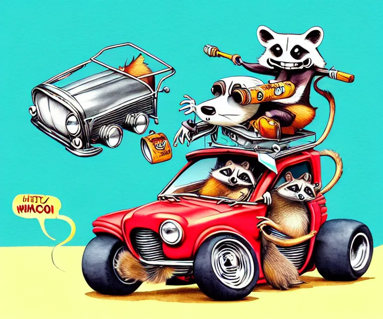 Prompt: cute and funny, ( racoon [ with a cigar in its mouth ] ) riding in a tiny hot rod with oversized engine, ratfink style by ed roth, centered award winning watercolor pen illustration, isometric illustration by yuriy shevchuk, edited by range murata, tiny details by artgerm, symmetrically isometrically centered