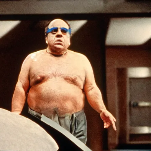 Prompt: A still of Danny Devito as a supervillian in a movie, 1980