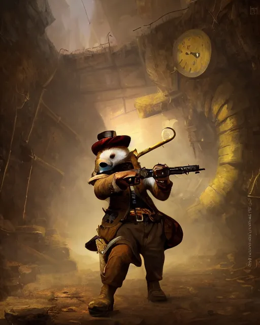 Prompt: oil painting of anthropomorphized hamster holding Rifle, steampunk clothes, close shot, full body, dark steampunk mine shaft background, sharp focus, fantasy style, octane render, volumetric lighting, 8k high definition, by greg rutkowski, highly detailed, trending on art Station, dungeons and dragons artwork, centered