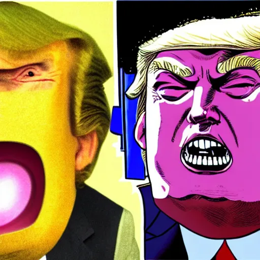 Image similar to donald trump's head as modok, the mental organism designed only for killing, little man in hovering throne, full body, psychic alien with huge head, marvel supervillain character