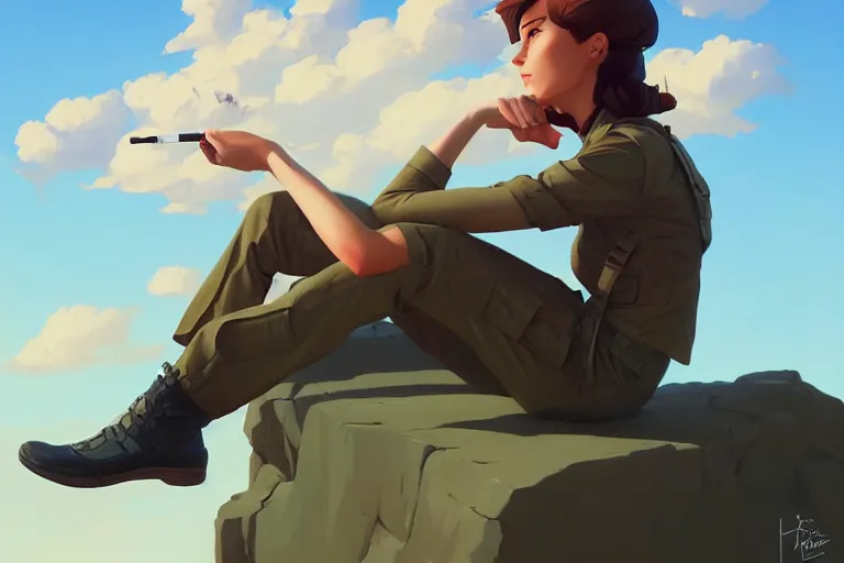 Image similar to a painting of a military woman sitting on a cliff, smoking a cigarette, a character portrait by rhads, makoto shinkai and lois van baarle, ilya kuvshinov, rossdraws global illumination and tom bagshaw, cg society, fantastic realism, intricate, detailed