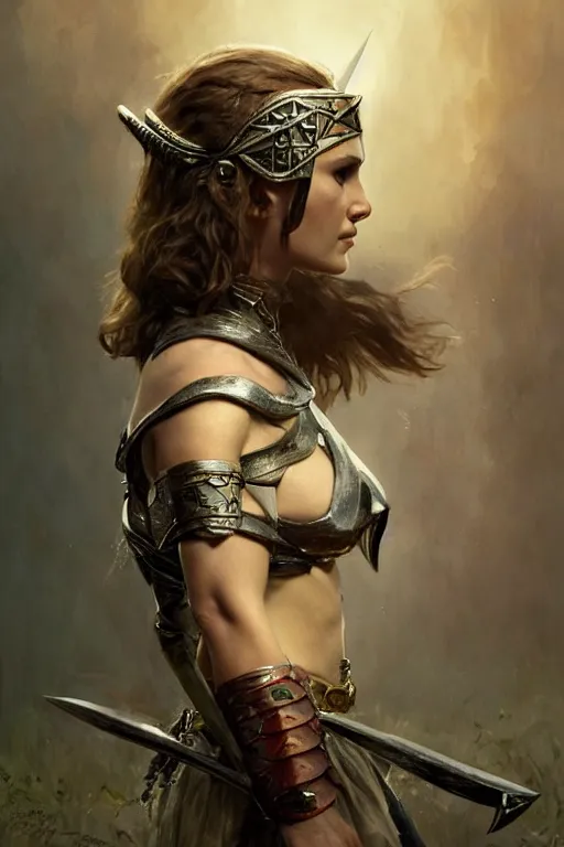 Image similar to natalie portman, legendary warrior, heroic, lord of the rings, tattoos, decorative ornaments, battle armor, by carl spitzweg, ismail inceoglu, vdragan bibin, hans thoma, greg rutkowski, alexandros pyromallis, perfect face, fine details, realistic shading photorealism