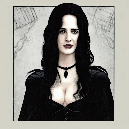 Image similar to portrait of a young eva green as yennefer from the witcher wearing black robes