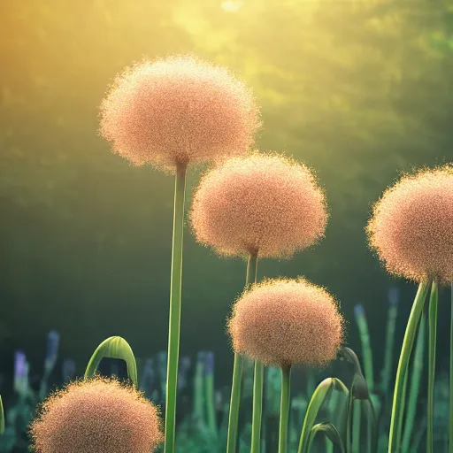 Image similar to allium flowers in a forest, golden hours, wilderness, cinematic lighting, trending on artstation