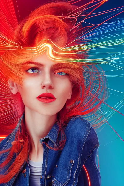 Image similar to a award winning half body portrait of a beautiful woman with stunning eyes in a croptop denim jacket and cargo pants with ombre red orange teal hairstyle head in motion and hair flying while dancing by thomas danthony, surrounded by whirling illuminated lines, outrun, vaporware, shaded flat illustration, digital art, trending on artstation, highly detailed, fine detail, intricate