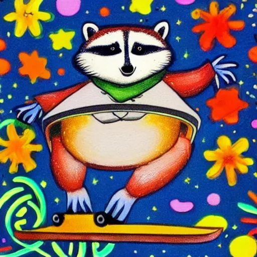 Image similar to fat raccoon skating through the cosmos, colorful