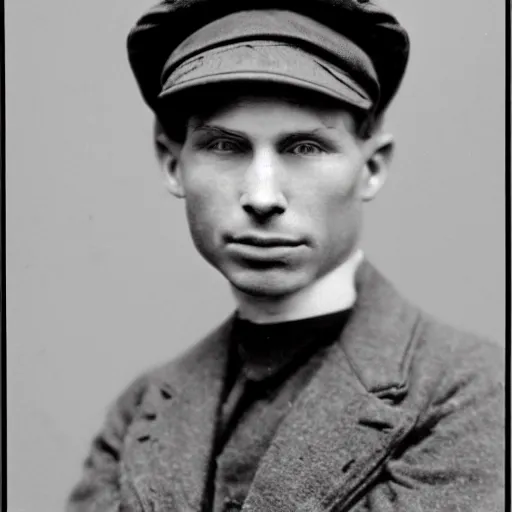 Image similar to A photograph portrait of Jerma985 wearing a newsboy cap in the early 1900s, taken in the early 1900s, grainy, taken on a early 1900s Kodak Camera, realistic, hyperrealistic, very realistic, highly detailed, very detailed, extremely detailed, detailed, digital art, trending on artstation