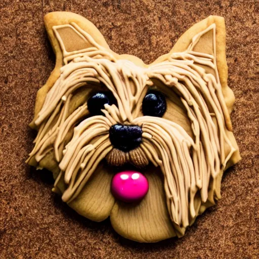 Image similar to a cute yorkshire terrier made entirely out of cookies, sitting on a bakery countertop, detailed, trending on artstation