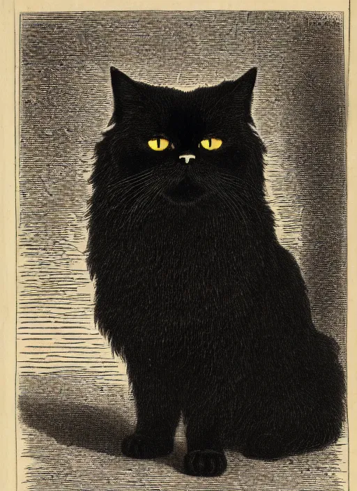 Image similar to portrait of a black persian cat staring contemptuously at people, demon from the dictionarre infernal, etching by louis le breton, 1 8 6 9, 1 2 0 0 dpi scan, ultrasharp detail, clean scan