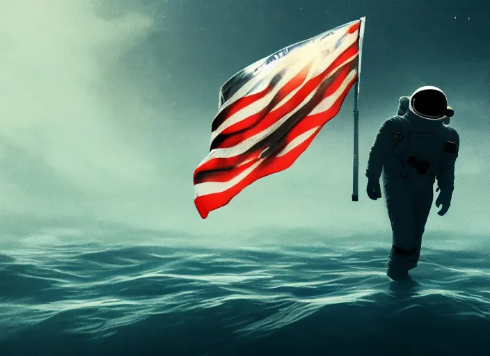 Image similar to astronaut underwater holding a flag in the sand of the bottom of the ocean. there is a submarine in the distance. dark, concept art, cinematic, dramatic, atmospheric, 8 k, trending on artstation, low visibility, fog, zack snyder