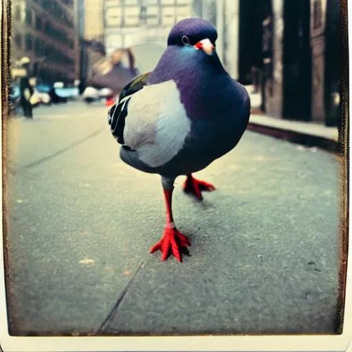 Image similar to wide-shot very low-angle eyesight photo of a pigeon in a hat at the street in New York, polaroid photo, by Andy Warhol, signed