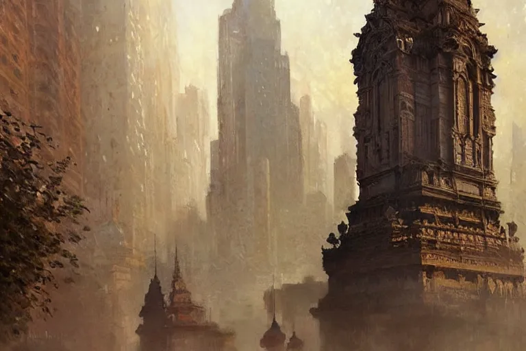 Image similar to city, buddhism, impressionnisme, painting by greg rutkowski, artgerm, claude monet