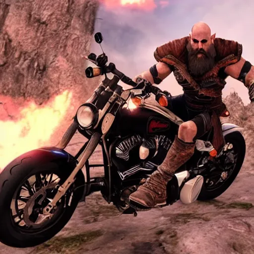 Image similar to kratos jumping a black harley - davidson motorcycle off a cliff, cinematic render, playstation studios official media, god of war 2 0 1 8