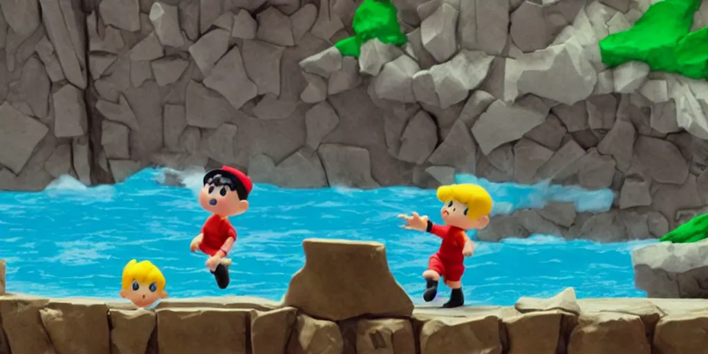 Image similar to Ness from Earthbound and Aquaman fight a giant penguin attacking philadelphia, claymation, detailed