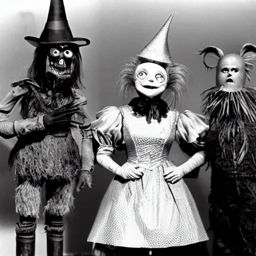 Image similar to the character tik - tok from return to oz ( 1 9 8 5 ) standing next to the characters scarecrow and tinman from the wizard of oz ( 1 9 3 9 ), behind the scenes set photo