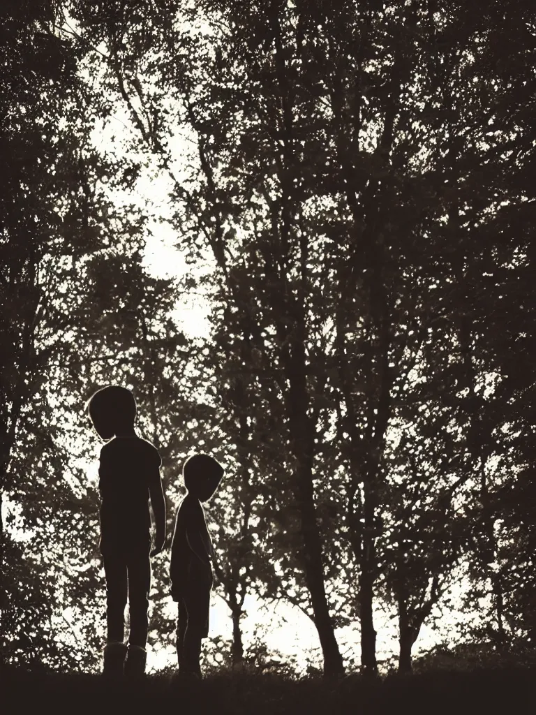 Prompt: a boy and a girl side by side, posing for a picture, a strong light behind them, nostalgic, night, some trees in the background, old polaroid, dramatic reddish light, atmospheric