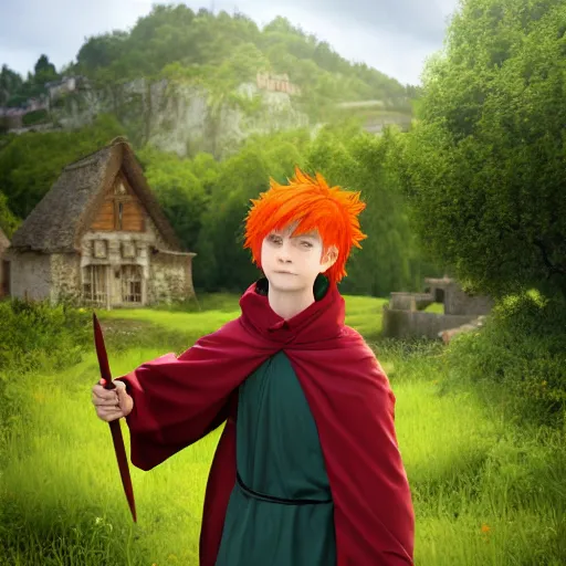 Prompt: teenage boy with fire - red hair, mischievous expression, bright green eyes, green cloak, holding a lute, small medieval village in the background, hyperrealism, octane render, 8 k,