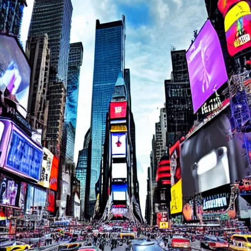 Image similar to alien spacecraft in times square, highly detailed, realistic photo