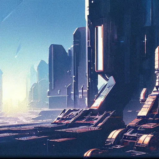 Image similar to distant view of a futuristic cyberpunk city, daylight, blue sky, cinematic lighting, blue sky, syd mead, john harris