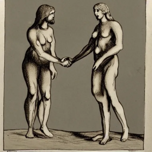 Image similar to adam and eve shaking hands with an anthromorphic snake