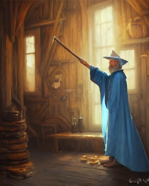 Prompt: oil painting of a an old mage wearing a blue robe and wizard hat, cozy wood cabin background, staff resting against a wall, fantasy style, volumetric lighting, 8k high definition, by greg rutkowski, highly detailed, trending on deviant art