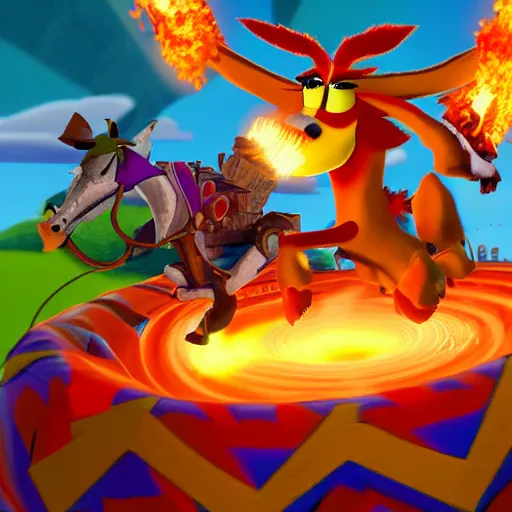 Image similar to crash bandicoot riding a pegasus through a ring of fire