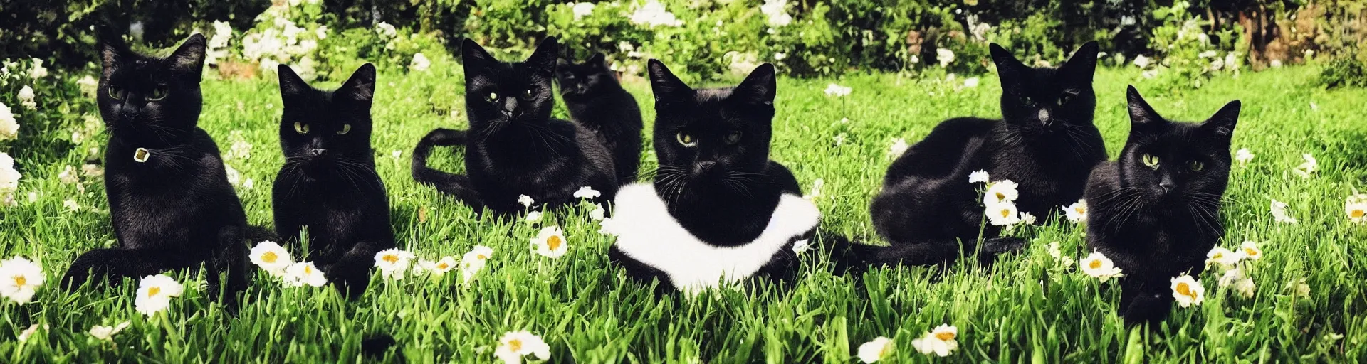 Prompt: beautiful iphone picture of two black cats with white spots in a sunny garden, instagram, amateur photo, colorfull, summer
