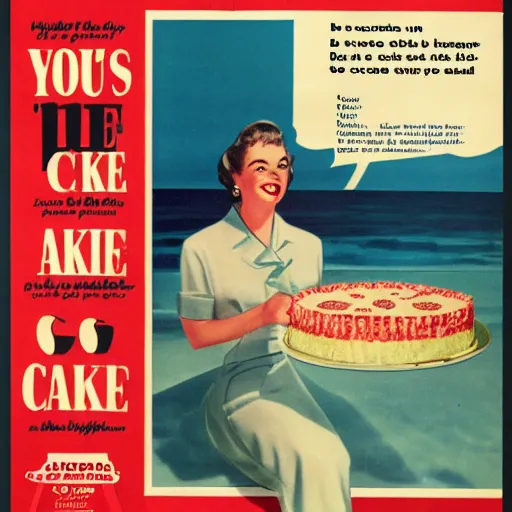 Prompt: 1950s advertisement for cake by the ocean