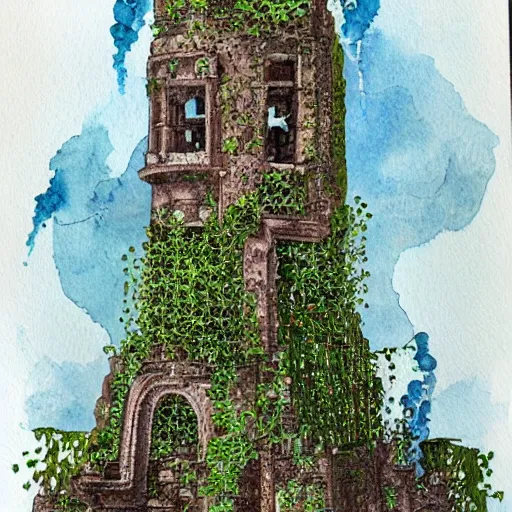 Image similar to ruins of a tower covered in creepers, beautiful, intricate, detailed, watercolour