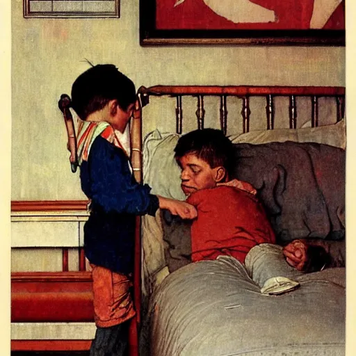 Prompt: A kid hitting pots to wake up his brother , art by Norman Rockwell