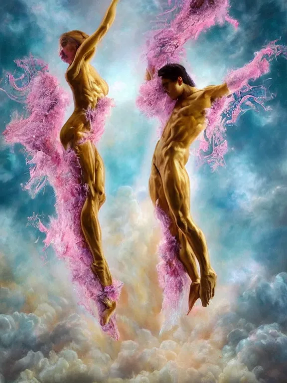 Prompt: dance of 2 humanoids made of infinite flowing sheer petals, covered in splashes and strokes of paint, clouds, smoke and flowers, feminine, muscular, flowing cloth, pastel 8 k, rendered in cinema 4 d, ultra realistic, atmospheric, cinematic, golden ratio. hyperrealism, biblical, baroque, renaissance painting, crystals, rays of light, trending on artstation