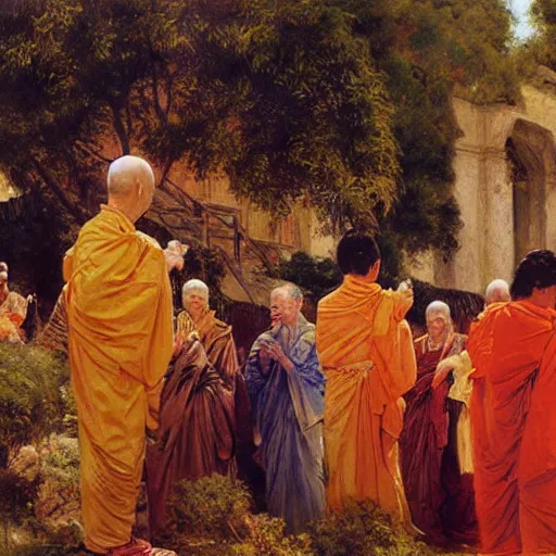 Image similar to 8 0 s buddhist priests on greek senete counsil in baroque painting, painting by gaston bussiere, craig mullins