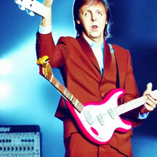 Image similar to Paul McCartney playing a Squier Hello Kitty Stratocaster, 8k, high definition, highly detailed, photorealistic