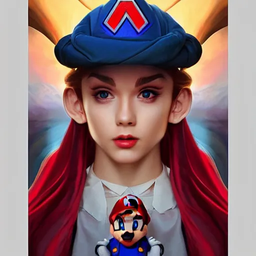 Image similar to character concept, portrait, symmetrical head - on centralized, mario. detailed, high quality, dynamic lightning, fantasy, scenematic. artwork by artgerm, wlop, alex ross, greg rutknowski, alphonse mucha