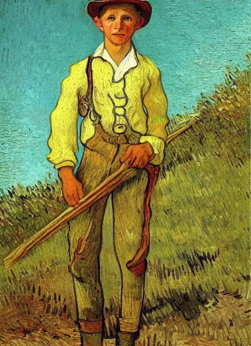 Image similar to lifelike oil painting portrait of tom sawyer by van gogh