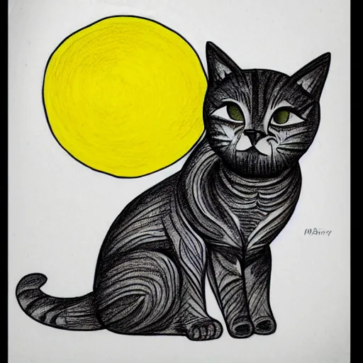 Image similar to tattoo sketch of a cat hugging the sun, on a yellow paper, vyzantium ornament, line art