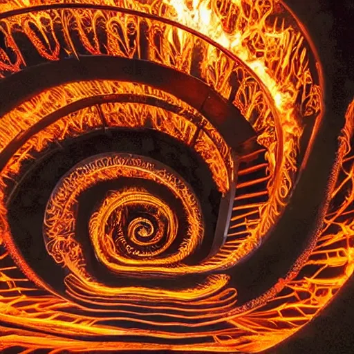 Prompt: photo of an endless flaming spiral staircase to hell