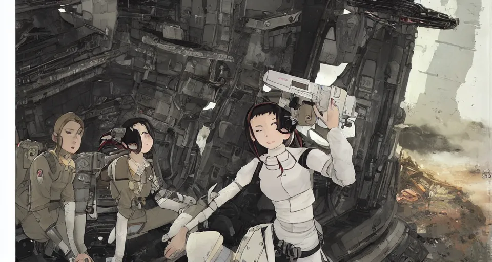 Image similar to pretty young girl with white and black ancestral ornate japanese tactical gear on an abandoned spaceship, long shot, rule of thirds, golden ratio, graphic novel by fiona staples and dustin nguyen, art by beaststars and orange, peter elson, alan bean, studio ghibli, makoto shinkai