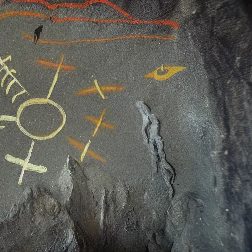 Prompt: cave painting, ultra hd, depiction of crosses and ufos, very detailed