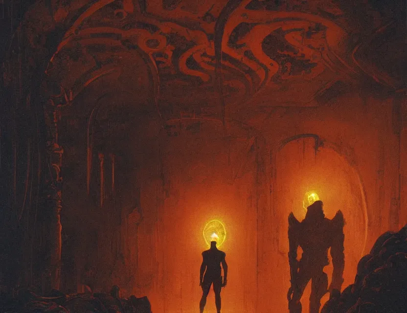 Prompt: a silhouette of an explorer in a baroque neoclassicist halls overgrown with colorful alien technology. close - up view, detailed textures. glowing orange fog, dark black background. highly detailed fantasy science fiction painting by moebius, norman rockwell, frank frazetta, and syd mead. rich colors, high contrast