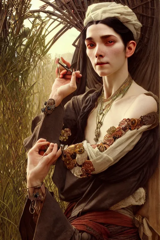 Image similar to ultra realistic, thin man in peasant clothes, black hair, brown eyes, occult jewelry, fantasy, intricate details, eerie, highly detailed, octane render, 8 k, art by artgerm and alphonse mucha and greg rutkowski