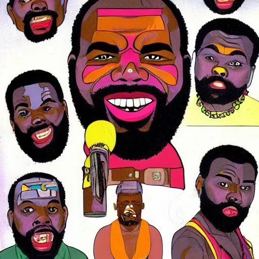 Prompt: mr. t on acid, detailed facial expressions, 1 9 8 0 s aesthetic