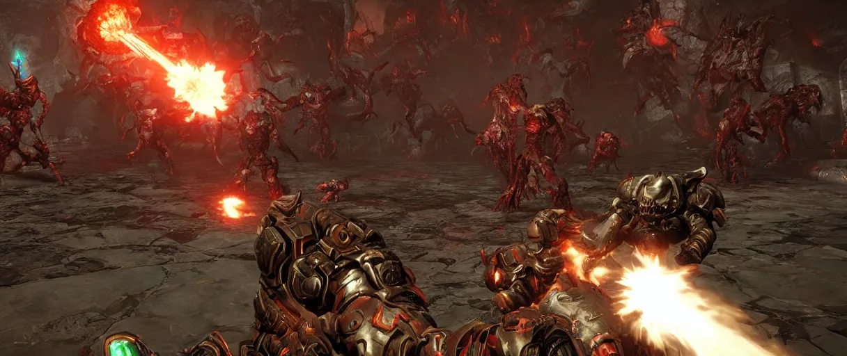 Image similar to doom slayer defeating hordes of demons and creatures on Urdak, wide shot, high detail, photorealistic, “doom eternal”, unreal engine