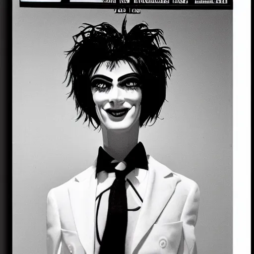 Prompt: A balck and white photgraphic portrait of the character, Desire, a tall, smiling androgyne with black hair and a grey pinstripe suit, studio lighting, medium shot, Life Magazine, 1978, Vertigo Comics, The Sandman written by Neil Gaiman, against a stormy sky