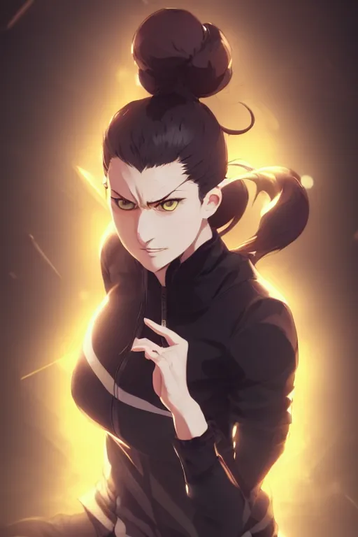 Image similar to black ponytail hair, pale woman in a black zipper jacket, yellow eyes, by artgerm, hair tied in a ponytail, white backdrop, soft lighting, fighting pose, dynamic angle, by greg rutkowski makoto shinkai takashi takeuchi