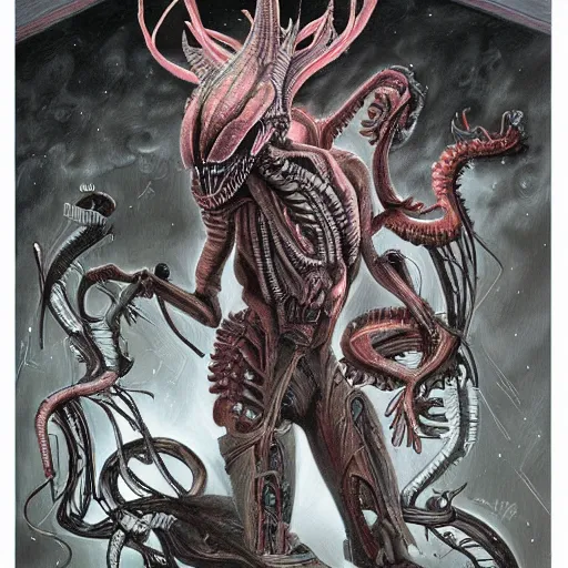 Image similar to detailed painting of a hybrid between a xenomorph and a my little pony, in the style of h r giger and wayne barlowe