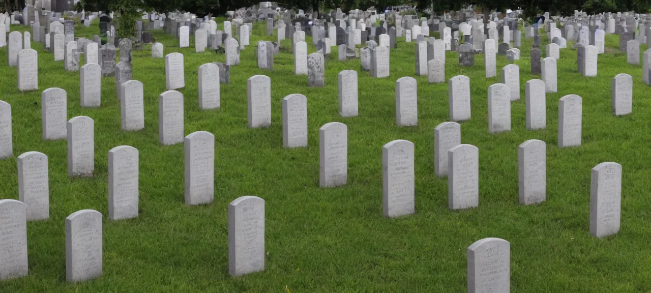 Prompt: graveyard where all the gravestones are arranged like dominoes that are falling over in line